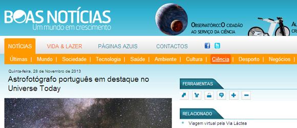 Online News “Boas Notícias” – “Astrofotógrafo português em destaque no  Universe Today” – November 2013 @ Astrophotography by Miguel Claro